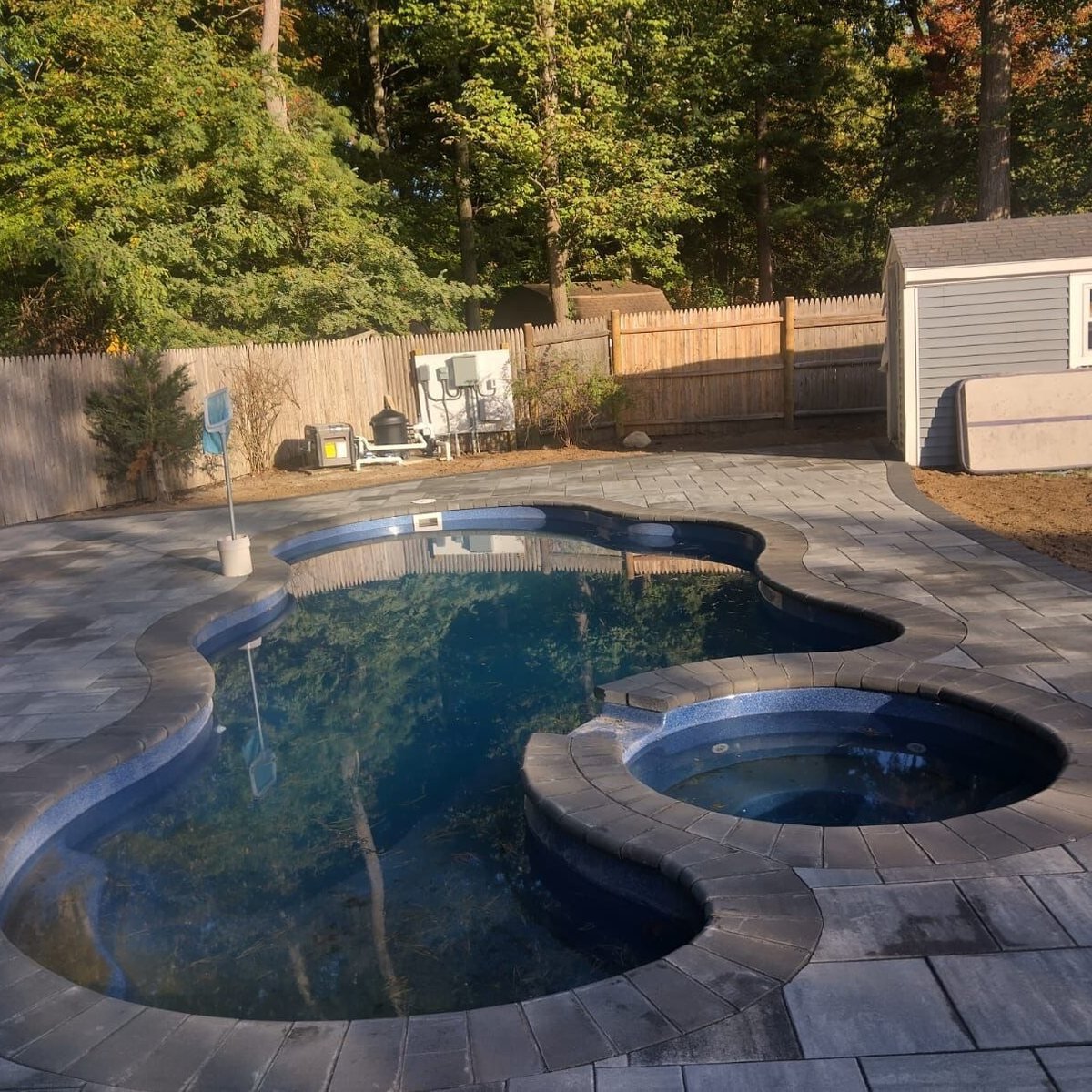 Freeform pool and spa framed by a wide paver deck